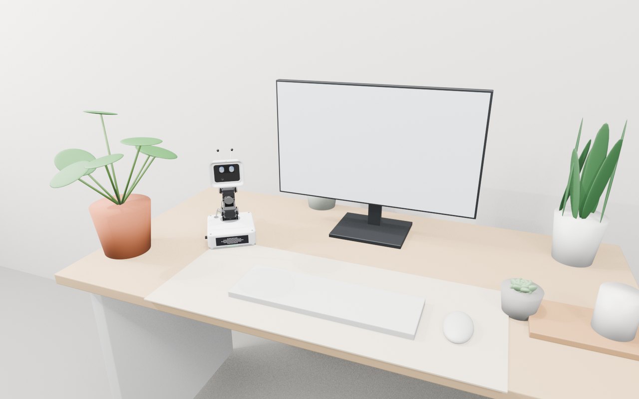 Technical robot on the plant-rich desk